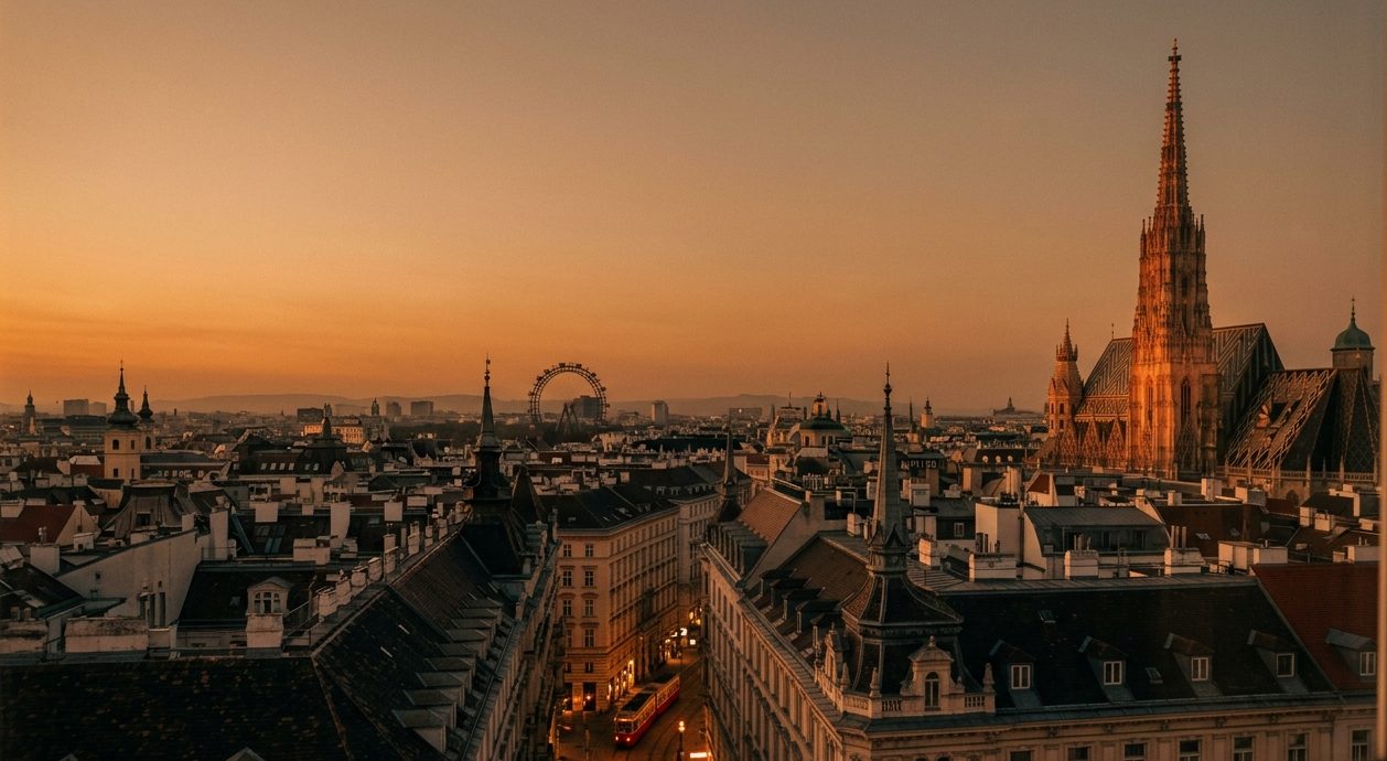 Vienna rooftops at dusk, St Stephen's spire and the Riesenrad